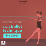 'Dorothy Vose Graded Ballet Technique Pre Level’ by MusicWorks, digital audio cover featuring a reddish-brown cover with a dancer illustration and white and teal text.