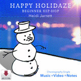 Cover art for Happy Holidayz by Heidi Jarrett, a beginner hip-hop choreography single from MusicWorks. The artwork features a simple hand-drawn snowman outlined in black against a vibrant blue and purple halftone background with warm light flares. The lower section includes the MusicWorks download badge and text indicating “Music • Video • Notes.