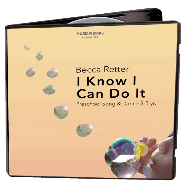 A square music CD cover for 'I Know I Can Do It' by Becca Retter, presented by MusicWorks. The cover features a warm beige background with floating iridescent bubbles and a partial illustration of a child blowing bubbles in the bottom right corner.