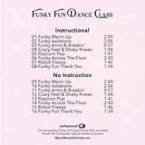 Back cover for Ms. Puffie Funky Fun Dance Class preschool jazz and hip-hop program by Joan Lather, featuring instructional and instrumental track listings with enhanced CD teaching notes information.
