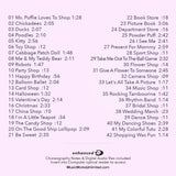 Back cover for Ms. Puffie Goes Shopping preschool dance class by Joan Lather, produced by MusicWorks. Lists 42 imaginative tracks inspired by shopping mall themes with enhanced CD and printable notes information.