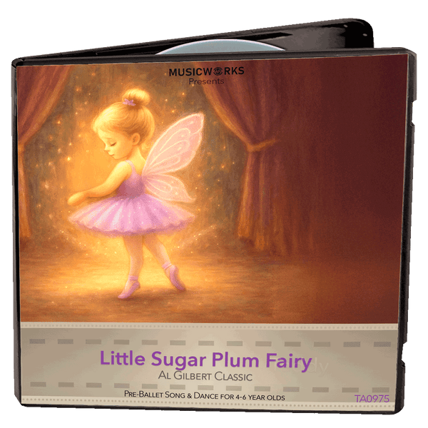 Little Sugar Plum Fairy CD cover art showing a young ballerina in a lavender tutu with fairy wings dancing on a warmly lit Nutcracker-style stage.