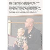 A magazine-style editorial page with a large block of text at the top and a photo below showing Keith Clifton with two children in a dance studio. The page appears to be about dance training and conditioning, with a visible 'on screen assistant: Katie Clark' credit and 'cover photo credit: michael higgins' text along the bottom.