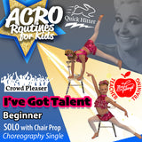 Beginner acro dance routine for kids – 'I've Got Talent' solo with chair prop by Miss Kaleya. Features two young dancers in pink sequin costumes performing acrobatic poses. Ideal for teacher training, recital choreography, and competition. Includes Quick Hitter, Crowd Pleaser highlights