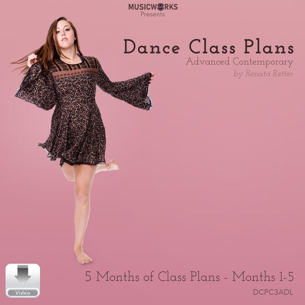 Cover art for Advanced Contemporary Dance Class Plans, months 1-5, by Renata Retter, featuring a dancer in a dance pose looking straight to the camera, a pink gradient background, and the MusicWorks logo.