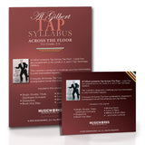 Back cover image of Al Gilbert’s “Tap Across the Floor – Level Two” for Grades 2–4. Features a photo of Al Gilbert with a personal autograph, a detailed description of the included 39 across-the-floor combinations, and bulleted technique highlights like Single, Double, Triple, and Quadruple Concepts, Brush Hop Step, and Military & Buck Steps. Background matches the signature red-brown design with diagonal corner stripes.