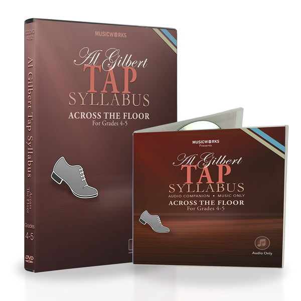 Product image of Al Gilbert Tap Across The Floor – Level 3 for Grades 4–5. Includes DVD case and CD insert with matching brown gradient design, tap shoe icon, and diagonal corner stripes. CD is labeled “Audio Companion – Music Only.”