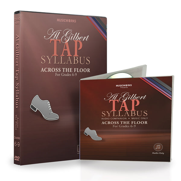 Front cover of Al Gilbert Tap Syllabus Across The Floor for Grades 6–9 CD-DVD bundle, featuring tap shoe icon and icons for video, audio, and notes included in the bundle.