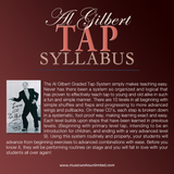 Back cover of the Al Gilbert Grade 8 Tap Technique digital download product, featuring an overview of the tap syllabus and a vintage photo of Al Gilbert with an autographed note