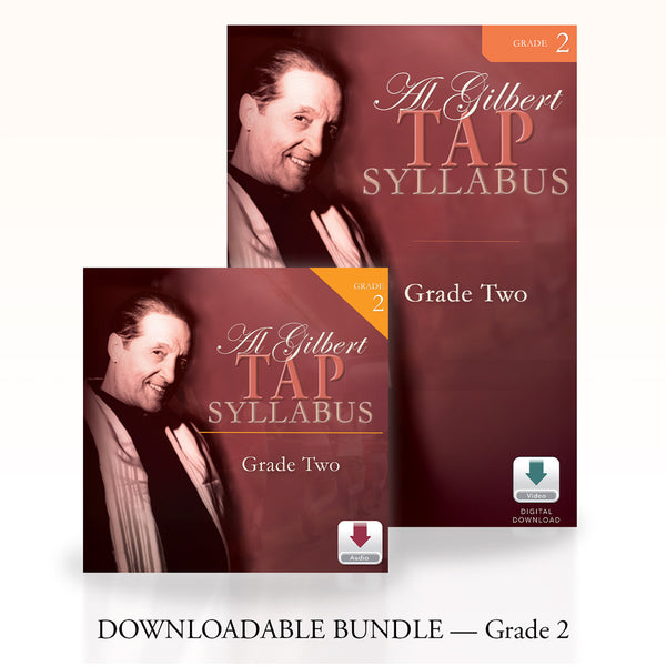 Al Gilbert Tap Technique Grade 2 Digital Download Bundle cover featuring both audio and video components. The design shows the classic Al Gilbert branding with download icons, clearly indicating a digital product for tap dance instruction.