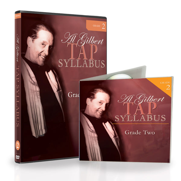 Al Gilbert Tap Technique Grade 2 bundle featuring DVD and CD cover art in coordinated burgundy design with Grade 2 labeling, showcasing instructional tap dance material for ages 7–9