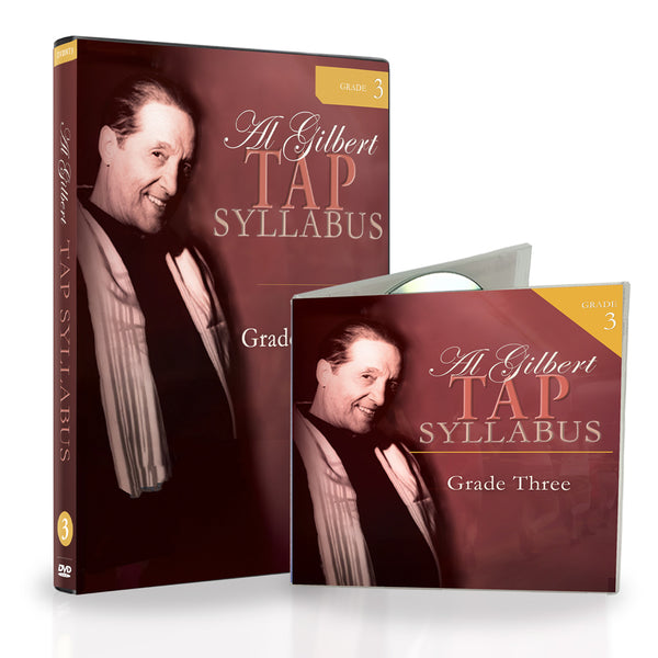 Al Gilbert Tap Technique Grade 3 bundle featuring DVD and CD cover art in coordinated burgundy design with Grade 3 labeling, showcasing instructional tap dance material for ages 9-11