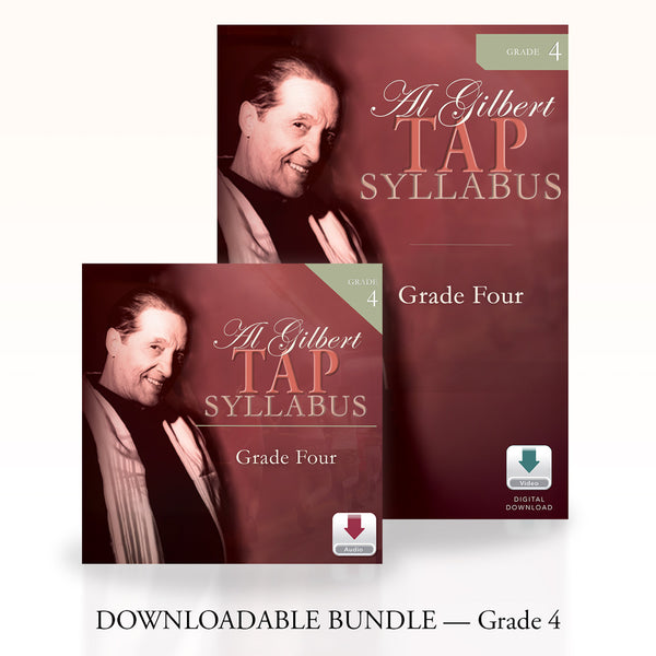 Al Gilbert Tap Technique Grade 4 Digital Download Bundle cover featuring both audio and video components. The design shows the classic Al Gilbert branding with download icons, clearly indicating a digital product for tap dance instruction.