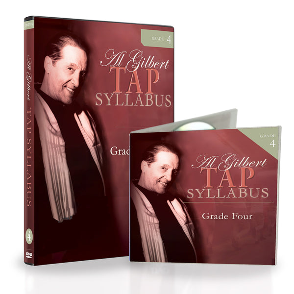 Al Gilbert Tap Technique Grade 4 bundle featuring DVD and CD cover art in coordinated burgundy design with Grade 4 labeling, showcasing instructional tap dance material for ages 11 and up.