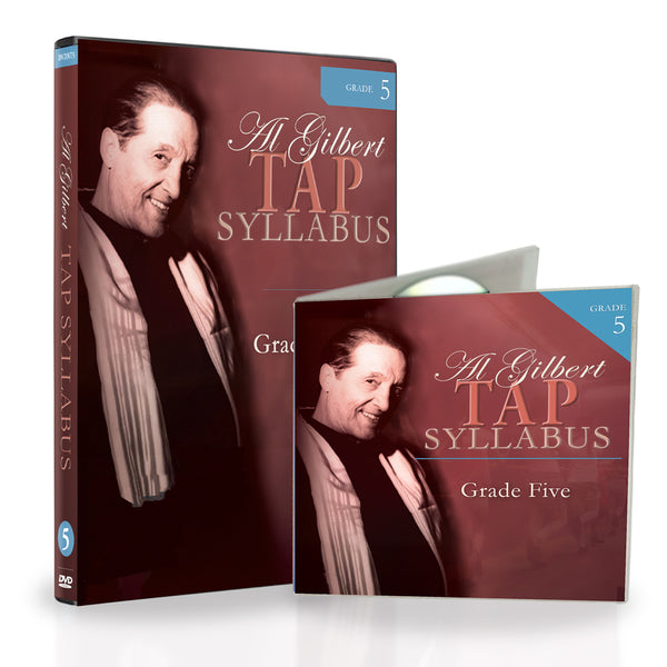 Al Gilbert Tap Technique Grade 5 bundle featuring DVD and CD cover art in coordinated burgundy design with Grade 5 labeling, showcasing instructional tap dance material for Intermediate-Advanced Tap Dancers.