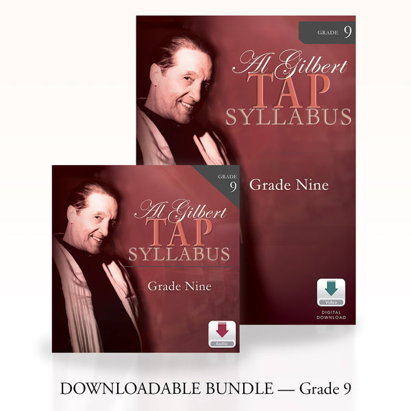 Al Gilbert Tap Technique Grade 9 Digital Download Bundle cover featuring both audio and video components. The design shows the classic Al Gilbert branding with download icons, clearly indicating a digital product for tap dance instruction.