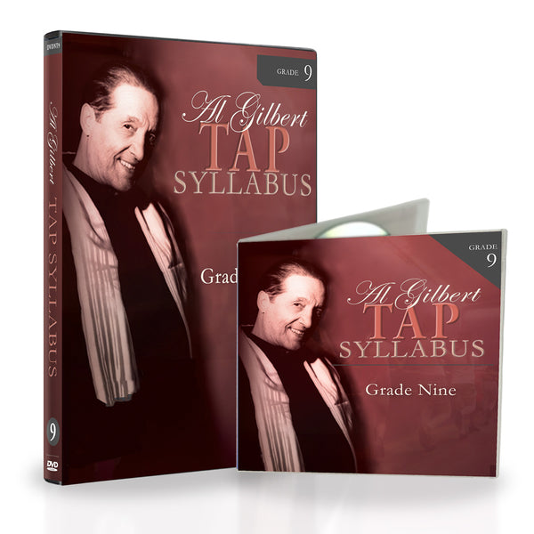 Al Gilbert Tap Technique Grade 9 bundle featuring a DVD and CD cover art in a coordinated burgundy design with Grade 9 labeling, showcasing instructional tap dance material for Professional Tap Dancers.