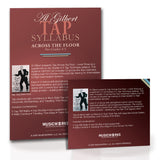 Back cover artwork for Al Gilbert Tap Syllabus: Across The Floor – Level 2 for Grades 2–4. Features detailed product description, teacher photo with autograph, and a list of included tap combinations such as Grapevines, Brush Hop Step, and Military Steps. Layout includes stylized horizontal stripes and MusicWorks Unlimited branding.
