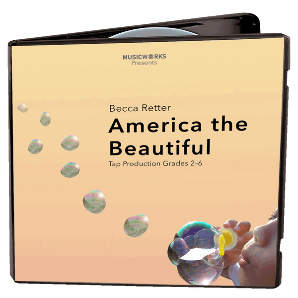 CD cover for 'America the Beautiful' by Becca Retter, presented by MusicWorks, featuring a warm beige background with floating iridescent bubbles and a partial illustration of a person blowing bubbles in the lower right corner.