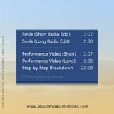 Make You Smile by April Atherton, low-intermediate jazz choreography. Back cover lists music, videos, running times, and choreography notes on a beach background.