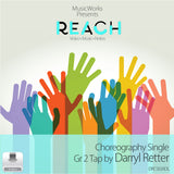 Reach by Darryl Retter front cover for a Grade 2 tap choreography single, featuring colorful raised hands.
