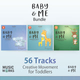 Back cover art for Baby & Me Bundle by Gina Badone showing three volumes with 56 creative movement tracks for toddlers