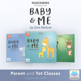 Front cover art for Baby & Me Digitgal Bundle by Gina Badone featuring three volumes of parent and toddler creative movement classes