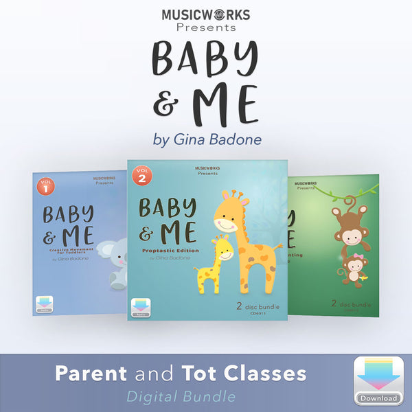 Front cover art for Baby & Me Digitgal Bundle by Gina Badone featuring three volumes of parent and toddler creative movement classes