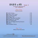 Back cover of Baby & Me Vol. 1 CD bundle showing song list, vocal instruction tracks, and choreography notes by Gina Badone.
