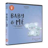 Baby & Me Vol. 1 physical CD case mockup with koala artwork, Creative Movement for Toddlers subtitle, and MusicWorks branding.