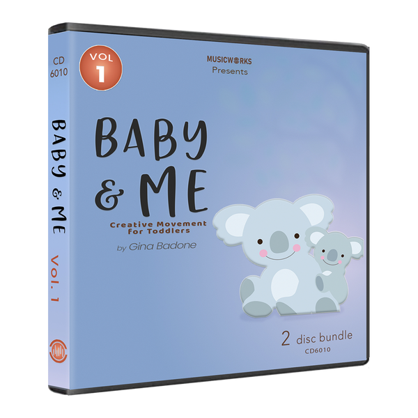 Baby & Me Vol. 1 physical CD case mockup with koala artwork, Creative Movement for Toddlers subtitle, and MusicWorks branding.