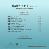 Back cover of Baby & Me Vol. 2 CD bundle showing song list, vocal instruction tracks, and choreography notes by Gina Badone.