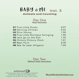 Back cover of Baby & Me Vol. 3 CD bundle showing song list, vocal instruction tracks, and choreography notes by Gina Badone.