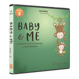 Baby & Me Vol. 3 physical CD case mockup with koala artwork, Creative Movement for Toddlers subtitle, and MusicWorks branding.
