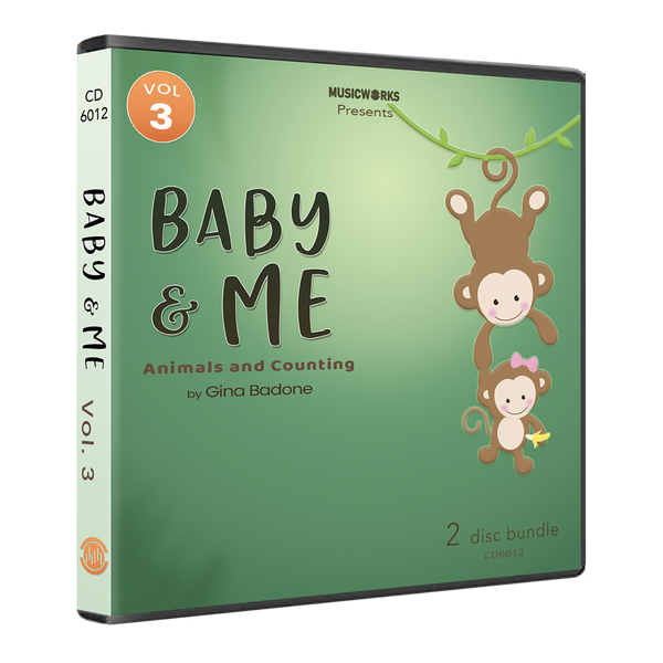 Baby & Me Vol. 3 physical CD case mockup with koala artwork, Creative Movement for Toddlers subtitle, and MusicWorks branding.