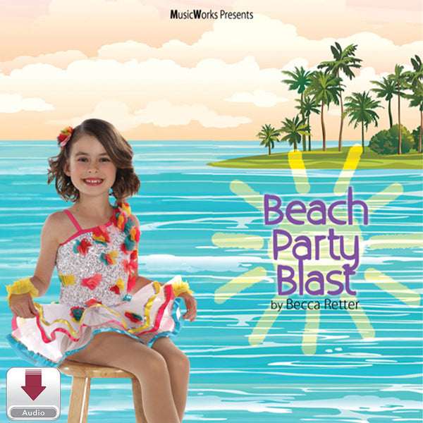 Beach Party Blast by Becca Retter – Grade 2 tap dance cover featuring a young dancer in a colorful tropical costume with an ocean and palm tree background