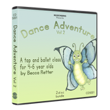 Dance Adventure Vol 2 CD bundle by Becca Retter – 3D case cover with butterfly illustration, tap and ballet class for ages 4–6