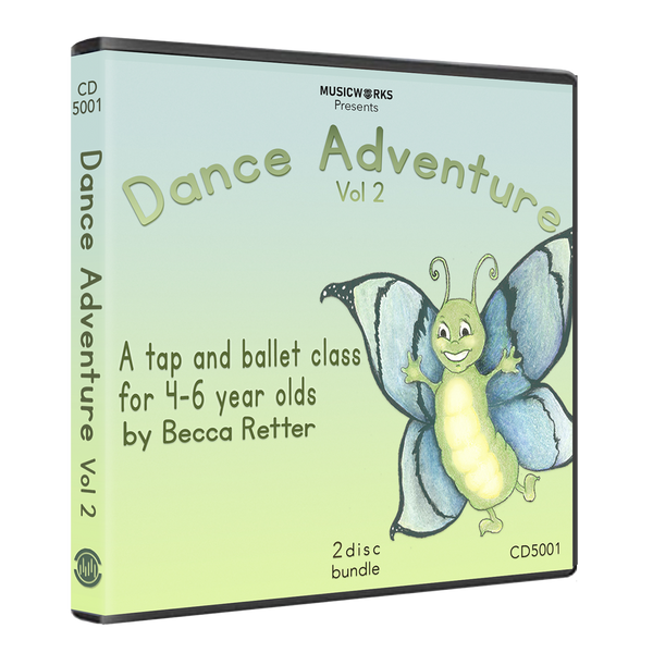 Dance Adventure Vol 2 CD bundle by Becca Retter – 3D case cover with butterfly illustration, tap and ballet class for ages 4–6