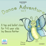 Dance Adventure Vol 2 digital download cover by Becca Retter – butterfly artwork, tap and ballet class for 4–6 year olds
