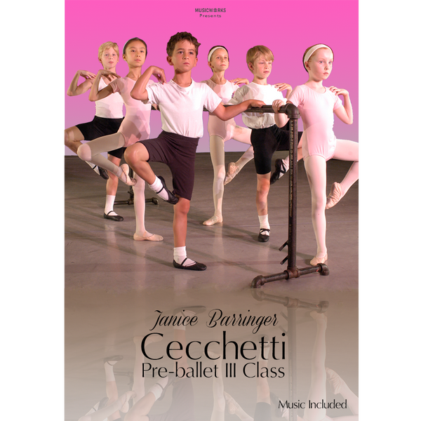 Janice Barringer Cecchetti Pre-Ballet III Class digital video download cover art featuring young ballet students at the barre