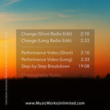 Track listing for Change beginner jazz dance routine showing music lengths and video content included in the digital download