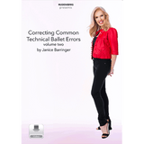 Sheet music cover for 'Correcting Common Technical Ballet Errors volume two' by Janice Barringer, presented by MusicWorks. The cover features a blonde woman in a red jacket and black pants on the right, with black text on a white background on the left.