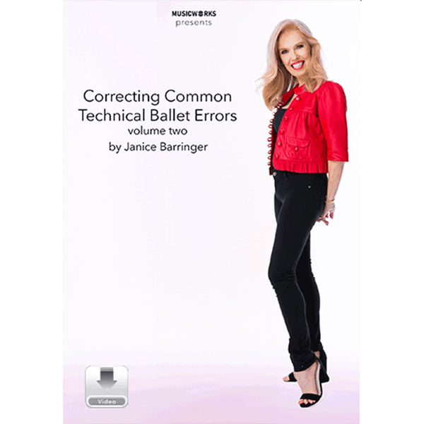 Sheet music cover for 'Correcting Common Technical Ballet Errors volume two' by Janice Barringer, presented by MusicWorks. The cover features a blonde woman in a red jacket and black pants on the right, with black text on a white background on the left.