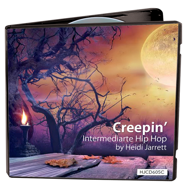 Creepin’ CD cover by Heidi Jarrett – Intermediate Halloween hip-hop dance combo for ages 10–14, spooky cover art with full moon and autumn scene.