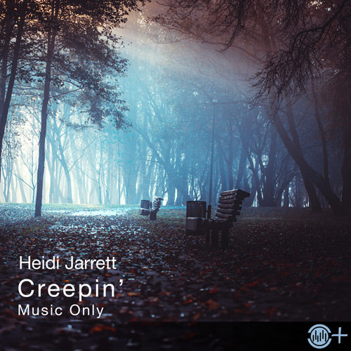 Cover art for Creepin’ (Music Only) by Heidi Jarrett, featuring a foggy forest scene with empty benches, created for Halloween dance routines.