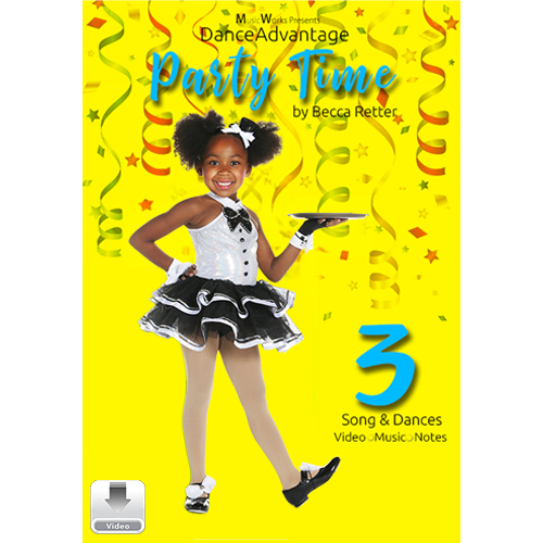 Party Time by Becca Retter – recital dance collection cover featuring a young dancer in a black-and-white costume against a bright yellow party background