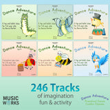 Back cover artwork for Dance Adventure Bundle by Becca Retter, featuring six preschool dance class volumes and text highlighting 246 tracks of imagination, fun, and activity, produced by MusicWorks.
