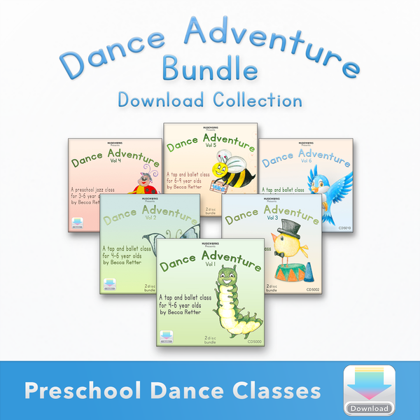 Dance Adventure Digital Download Bundle – six preschool tap, ballet, and jazz classes with music tracks by Becca Retter.