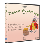 Dance Adventure Vol. 4 preschool jazz class CD by Becca Retter – 3D case design showing front cover and spine.