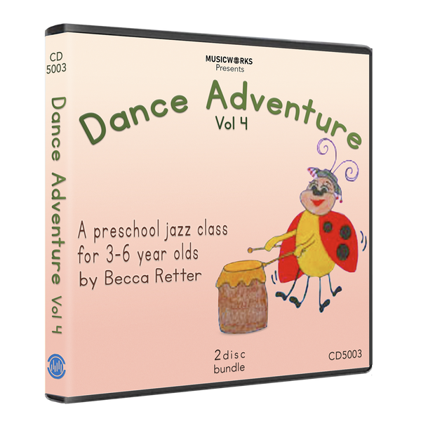 Dance Adventure Vol. 4 preschool jazz class CD by Becca Retter – 3D case design showing front cover and spine.